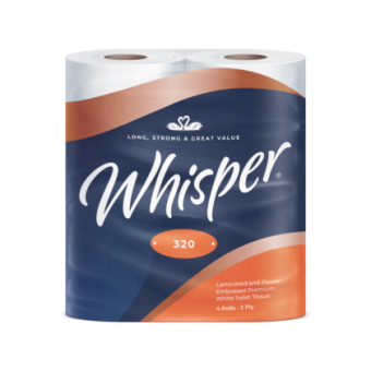 WHISPER 320 SHEET TOILET ROLL 2 PLY